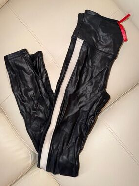 SPANX Black Faux Leather Leggings with Cream Side Stripe